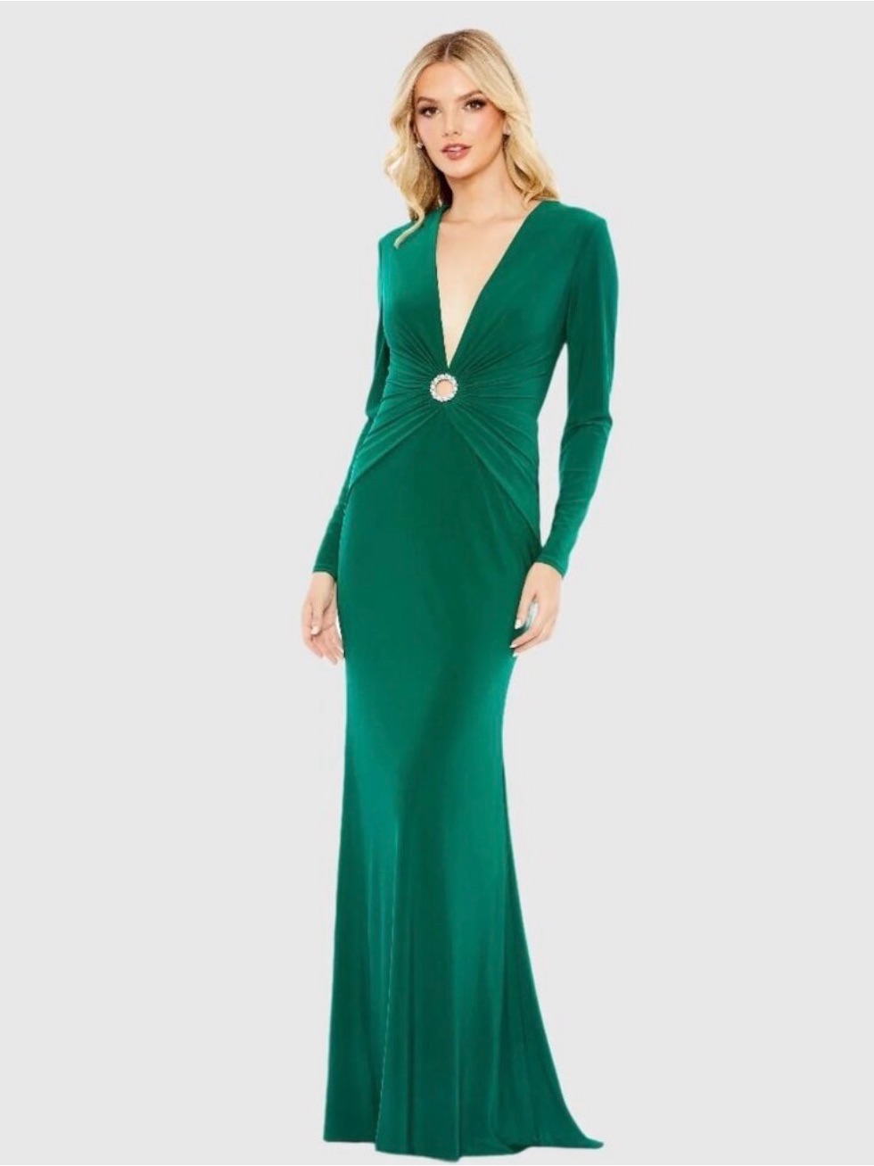 Nwt Macduggal Gathered Pearl Long Sleeve Keyhole Gown Emerald 10